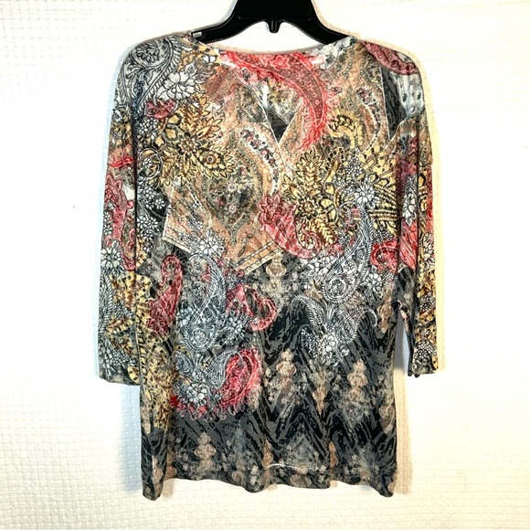 French Blue Top Size S Paisley Geometric Beaded Multicolor 3/4 Sleeve Semi-sheer - Picture 2 of 9